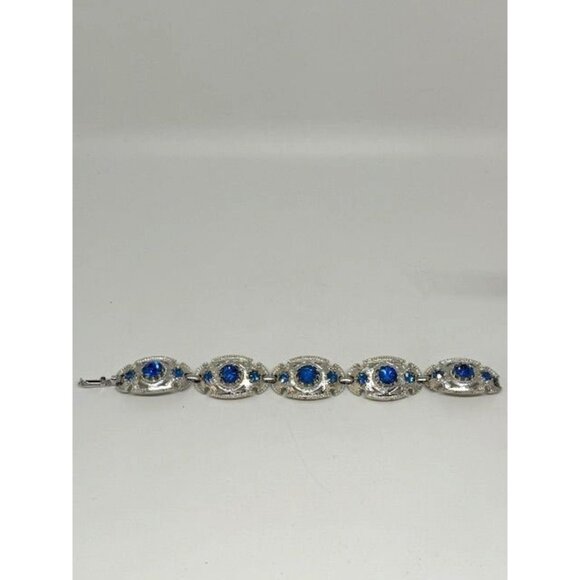 Vintage Coro Blue Rhinestone and Silver Tone Linked Bracelet - Picture 1 of 8